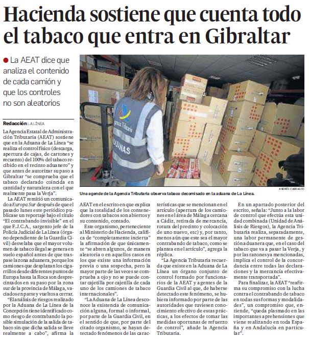 La AEAT segura que contabiliza el 100% del tabaco que entra en Gibraltar